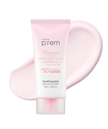 MAKE P:REM Soothing Pink Tone Up Sun Cream Mineral Sunscreen for Dehydrated Skin Lightweight Non-Greasy Formula Skin Tone Correction Korean Sunscreen SPF 50 1.69 Fl. Oz. 50ml