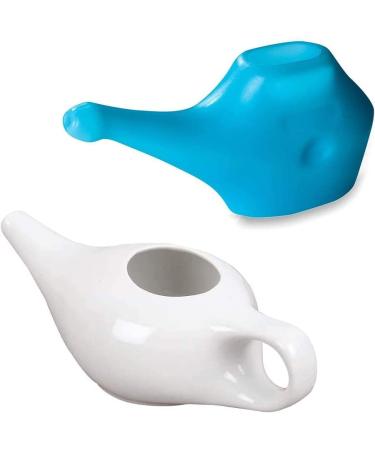 Qimacplus Leak Proof Neti Pot Hold 230 Ml Ceramic and 150 Ml Plastic Water Comfortable Grip | Dishwasher Safe Friendly Natural Treatment for Sinus and Congestion White and Blue
