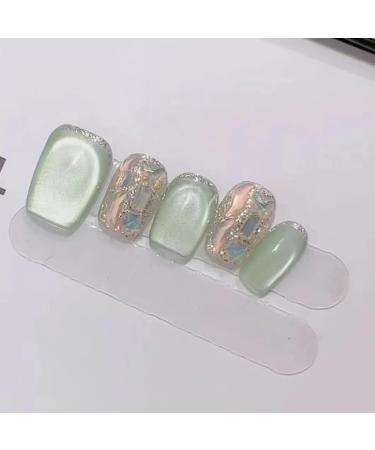 Senvenski Short Coffin Press On Nails Jelly Green Glitter Cat Eye Magnetic Holographisch Fake Nails Shimmery Acrylic Nails Full Cover with Nail Glue for Women and Girls (CD052)