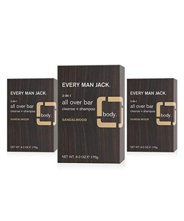 Every Man Jack Sandalwood Mens Soap Bar for Body and Hair - Bar Soap for Men with Shea Butter Aloe Vera and Glycerin to Deep Clean Hydrate and Soothe Skin - Naturally Derived Zero Harmful Chemicals - 3 Pack