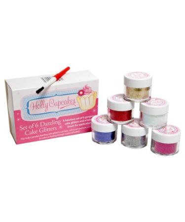 Set of 6 Holly Cupcakes Stunning Sparkly Decorating Glitters with Application Brush: Silver Gold Iridescent White Fuchsia Green & Blue