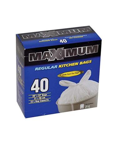 Maximum White Kitchen Garbage Bags 20"x 22" Inch (51 x 56 cm) 40 Trash Bags with Fast Tie flaps