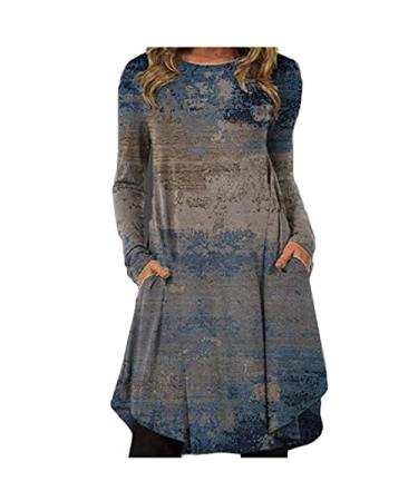 Wirziis Womens Fall Tie Dye Dress, Casual Long Sleeve Crewneck Midi Dress Sexy Pockets Floral Flowy Dress for Legging X-Large 01#blue