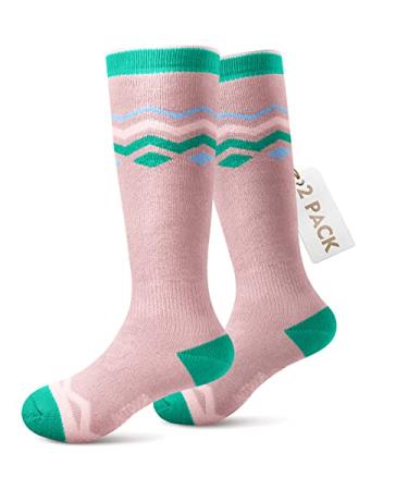 OutdoorMaster Kids Ski Socks 2-Pair Pack Snowboarding Socks for Toddler Boys and Girls Over the Calf Design w/Non-Slip Cuff Mt View X-Small