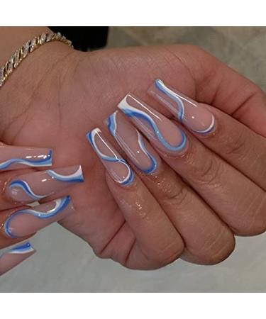 Brishow Artificial Nails Long Wavy Lines press on nails Pink Bellarina Acrylic Nails for Sticking 24pcs for Women and Girls