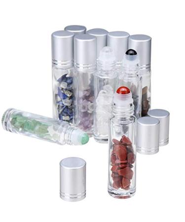 Clear Glass Roller Bottles,10 Pack 10ml 0.33fl oz Gemstone Roller Ball For Essential Oils,Natural Crystal Stones Roller Balls With Silver Lid,Thick Glass Roll on Bottle-Healing Crystal Chips Inside