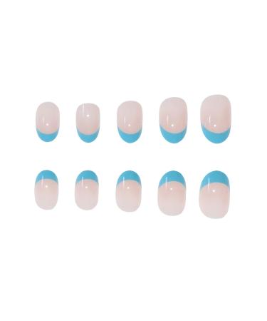 MISUD Short Oval Press on Nails - Glossy Blue French Tip Acrylic Nails - 24 pcs Round Artificial Summer False Nails - Buy Online on SooperMarket.com