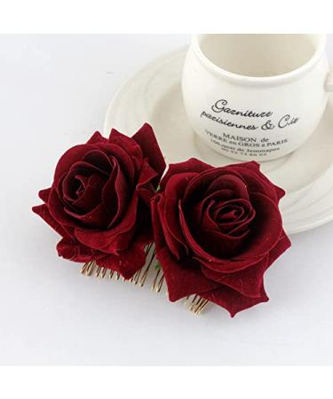 Rose Hair Clip Comb for Women - Burgundy Flower Hairpin for Wedding, Brides, Girls - Dark Red Hair Accessory - Buy Online on SooperMarket.com
