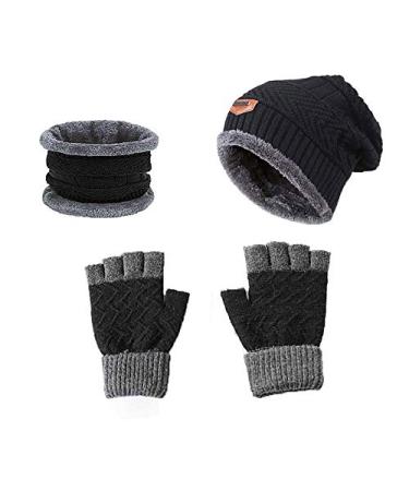 UNIROSE Women's and Men's Winter Knitted Beanie Hat Gloves Scarf Set Touchscreen Thermal Fleece Cap Mitten Cold Weather One Size H30-black