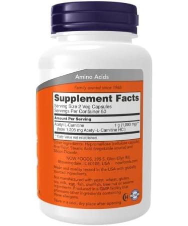 Now Foods Acetyl-L-Carnitine 500mg 100 Vegan Capsules | Lab-Tested Amino Acid | Gluten & SOYA Free | Vegetarian-Friendly - Buy Online on SooperMarket.com