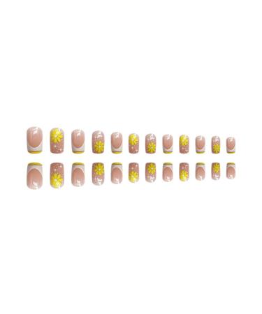 24Pcs Medium Square French Tip Yellow Flower Star Press on Nails | Acrylic False Nails for Women - Glossy Full Cover Design - Buy Online on SooperMarket.com