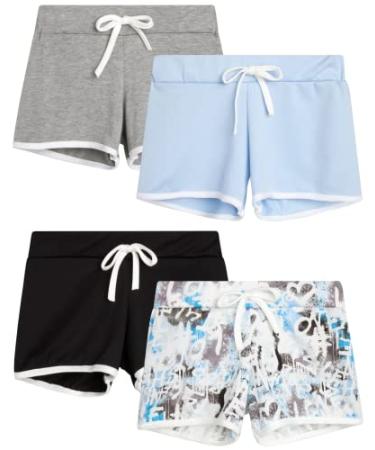 Sweet Hearts Girls' Active Shorts - 4 Pack French Terry Athletic Gym Dolphin Shorts (7-16) Black/Grey/Blue/Graffiti Print 14-16