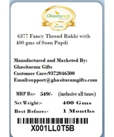 Ghasitaram Gifts Rakhi for Brother Rakhis Online - 6377 Fancy Thread Rakhi with 400 GMS of Soan Papdi - Buy Online on SooperMarket.com