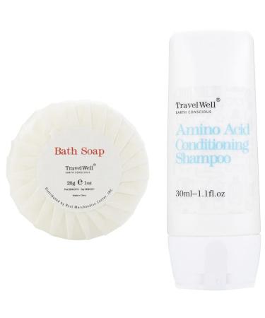 Travelwell Individually Wrapped Hotel Toiletries in Bulk - 30ml Shampoo and Conditioner Supplies (50 Bottles) + 28g Travel Soap Bars (50 Bars) 1.01 Fl Oz (Pack of 50)