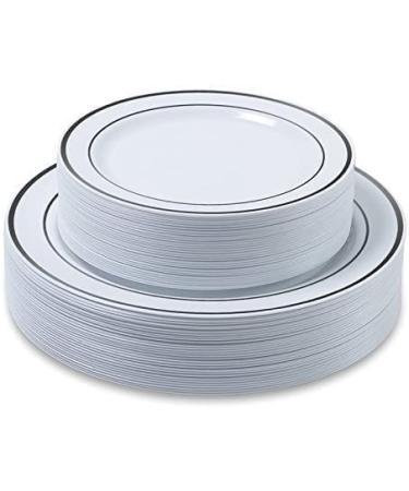 60 Plastic Plates with White and Silver Rim, Heavy Duty Plastic Disposable Party Plates 30 Dinner Plates 10.25" + 30 Salad Dessert Appetizer Plates 7.5", Premium Elegant for Weddings Holidays Events Silver (60 Pack)