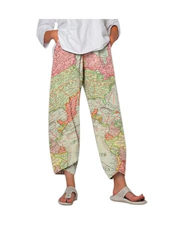 Summer Wide Leg Womens Elastic Waist Short Capri Wide Leg Casual Floral Print Plus Size Loose Pants Crop Loose Fit Green Large