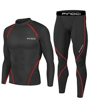 1Bests Men's Sports Running Set Compression Shirt + Pants Skin-Tight Long Sleeves Quick Dry Fitness Tracksuit Gym Yoga Suits Black Red Line Medium