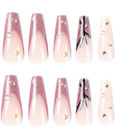 24pcs Long Coffin Shaped Ballet Fake Nails with Rhinestone Butterfly Pattern Design French Fake Nails for Women and Girls Nail Tips 19 - Buy Online on SooperMarket.com