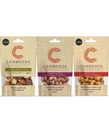 Cambrook | Baked Truffle Nuts 80g | Sweet Chilli Peanuts & Cashews | Hickory Smoke Seasoned Almonds 80g