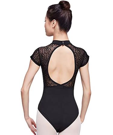 YCMI Women Dance Leotards Lace Turtleneck Ballet Bodysuit Short-Sleeve Dance-Gymnastics Yoga-Leotards Black Small