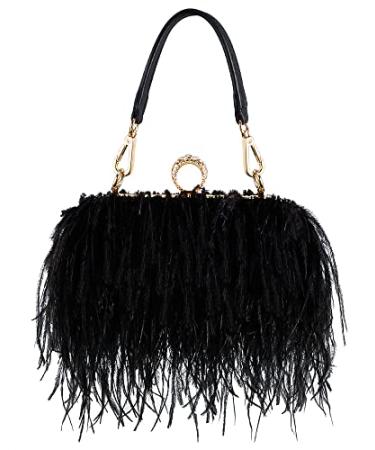 Women Ostrich Feather Tote Bag Fluffy Purse Clutch Feather Evening Handbag for Wedding Anniversary Party Black