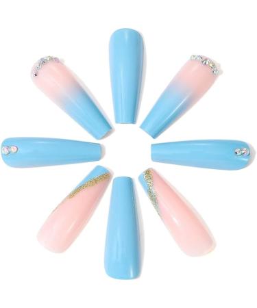Brishow Coffin False Nails - Long Blue Flower Fake Nails | 24pcs Ballerina Acrylic Stick on Nails for Women and Girls - Buy Online on SooperMarket.com