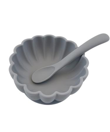 Alimos Scalloped Edge Silicone Baby Weaning Bowl and Spoon Set BPA-Free Baby Led Weaning Suction Base Baby Bowl (Pale Grey)