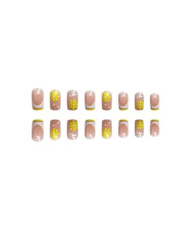 24Pcs Medium Square French Tip Yellow Flower Star Press on Nails | Acrylic False Nails for Women - Glossy Full Cover Design - Buy Online on SooperMarket.com