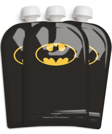 Herobility DC Batman Food Pouch 180ml / 6 Fl Oz - Squeeze Pouches for Baby Reusable Sustainable Leak Proof Design Double Zip -Lock BPA Free - 3 Pack