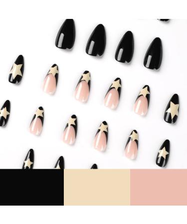 Black French Tip Almond Press on Nails - 24Pcs Medium Length Glossy False Nails with White Star Design for Women and Girls - Buy Online on SooperMarket.com