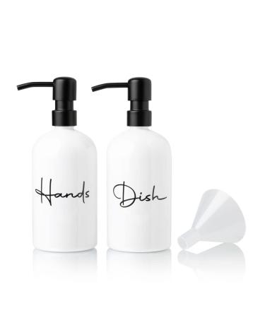 Alora Hand Soap Dispenser and Liquid Dish Soap Dispenser for Kitchen Sink - Set of 2 - Black Metal Pumps - Reusable Plastic Bottle with Easy to Read Lettering - Countertop Replacement Refill Set of 2 (16 Ounce) White