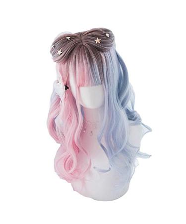 L-Email Wig Blue Pink Lolita Wigs Gradient Long Wave Cosplay Wigs Bobo Kawaii Halloween Wig Heat Resistant Synthetic Hair 21inches Multi Color