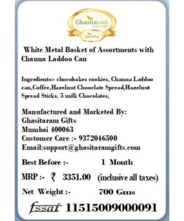 Ghasitaram Gifts Jaiccha White Metal Basket of Assortments with Channa Laddoo Can|Gift for Diwali Gifts Holi Rakhi Valentine Christmas Birthday Anniversary Her Him| - Buy Online on SooperMarket.com