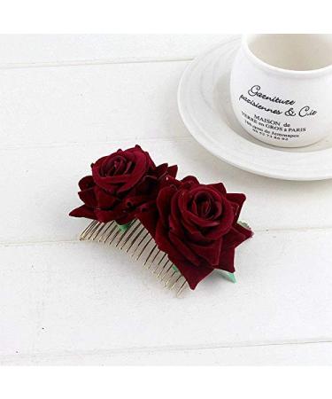 Rose Hair Clip Comb for Women - Burgundy Flower Hairpin for Wedding, Brides, Girls - Dark Red Hair Accessory - Buy Online on SooperMarket.com