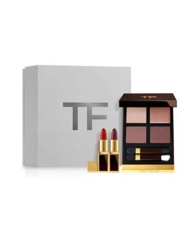 Tom Ford Eye Color Quad & Lip Color Mini Deluxe Set - Eye Color Quad in 31 Sous Le Sable Full Size and Mini Lip Color in Scarlet Rouge and Impassioned.