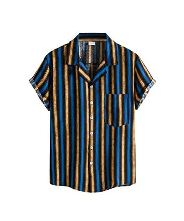 BEUU 2022 New Mens Shirts, Summer Short Sleeve Vertical Striped T Shirt Front Pocket Button Down Slim Fit Casual Shirts 164- Blue Large