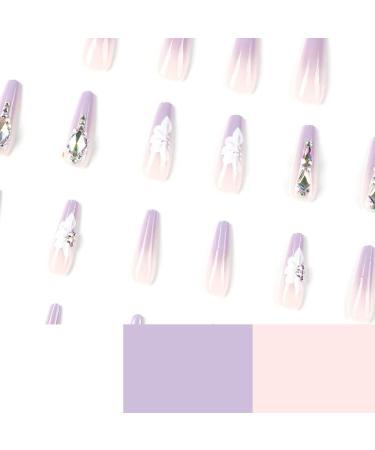 24pcs Light Purple Rhinestone Flower Pattern Long Coffin False Nails - French Fake Nails for Women and Girls - Buy Online on SooperMarket.com