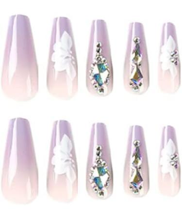 24pcs Light Purple Rhinestone Flower Pattern Long Coffin False Nails - French Fake Nails for Women and Girls - Buy Online on SooperMarket.com