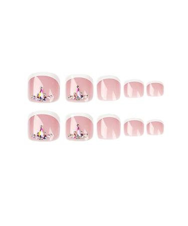 Pink Short Square Fake Toenails with Rhinestones - 24Pcs French False Toenails for Women & Girls - Buy Online on SooperMarket.com