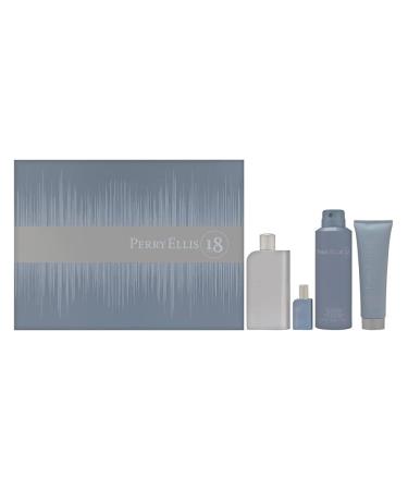 Perry Ellis 18 for Men 4 Piece Set Includes: 3.4 oz Eau de Toilette Spray + Deodorizing Body Spray + 3.0 oz Hair & Body Wash + 0.25 oz Eau de Toilette Spray