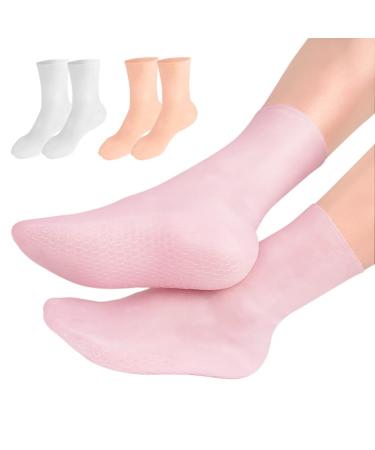 MoyRetty 3 Pairs Silicone Moisturizing Socks Silicone Socks for Dry Cracked feet Women Long Size Spa Gel Socks Foot Care After Pedicure High Elastic & Anti Slip(Pink & Beige & White)
