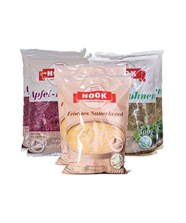 HOOK - Grandma's Favorite - Tasting Set: 2 x HOOK Apple Red Cabbage 2 x HOOK Fresh Sauerkraut 2 x HOOK Sour Beans (500g each)