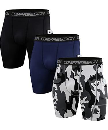 Holure Men's Performance Compression Shorts Athletic Running Underwear (3 or 4 or 5 Pack) 3 Pack:black/Navy/Camo White Large