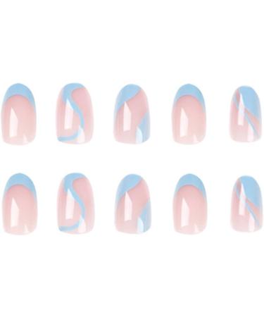 Wavy Almond Sky Blue French Press On Nails - 24 Pcs Short False Nails with Nail Glue for Women | Striped Fake Nails for Nail Art - Buy Online on SooperMarket.com