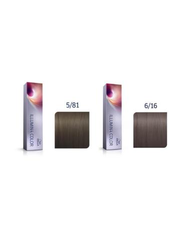 Wella Professionals Illumina Color 5/81 Light Brown/Pearl Ash 60ml & Wella Professionals Illumina Color 6/16 Medium Blonde/Ash Violet 60ml Light Brown/Pearl Ash & Medium Blonde/Ash Violet 120 ml (1 Pack)