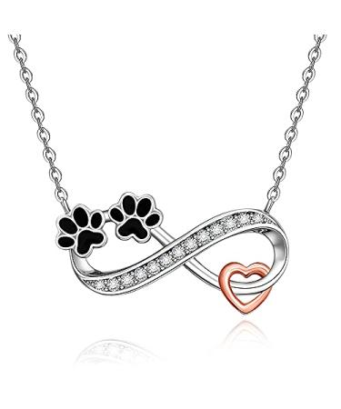 Dog Cat Heart Paw Print Necklace for Women Sterling Silver Pet Infinity Necklaces Memorial Gifts Black Puppy Paw Heart Crystal Pendant