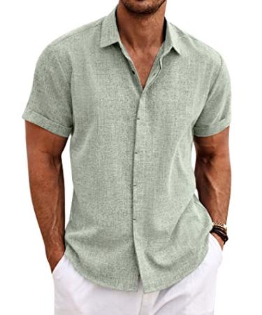 COOFANDY Men's Linen Shirts Short Sleeve Casual Shirts Button Down Shirt for Men Beach Summer Wedding Shirt Light Green X-Large