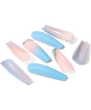 Brishow Coffin False Nails - Long Blue Flower Fake Nails | 24pcs Ballerina Acrylic Stick on Nails for Women and Girls - Buy Online on SooperMarket.com