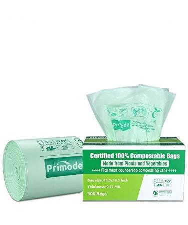 Primode 100% Compostable Bags, 2.6 Gallon Food Scraps Yard Waste Bags, 300 Count, Extra Thick 0.71 Mil. ASTM D6400 Compost Bags Small Kitchen Bags, Certified by BPI and TUV