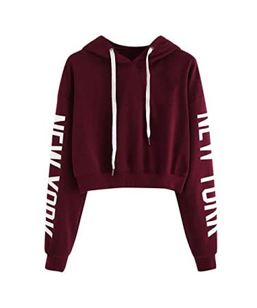 New York Crop Hoodies for Women Teen Girls Solid Color Hooded Sweatshirt Tie Dye Printed Long Sleeve Pullover Tops B01 Wine Large
